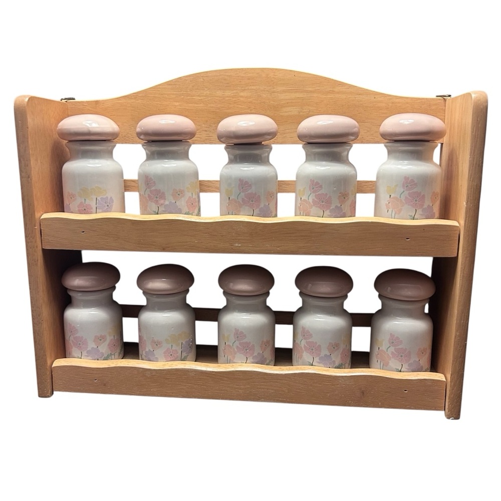 Vintage 90's Era Spice Rack With Ceramic‎ Jars Floral Dusty Rose Kitchen READ